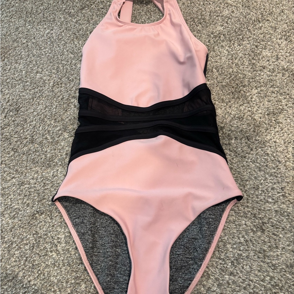 FIVE Dancewear Pink One-Piece dance leotard with Black Mesh Waist Panels